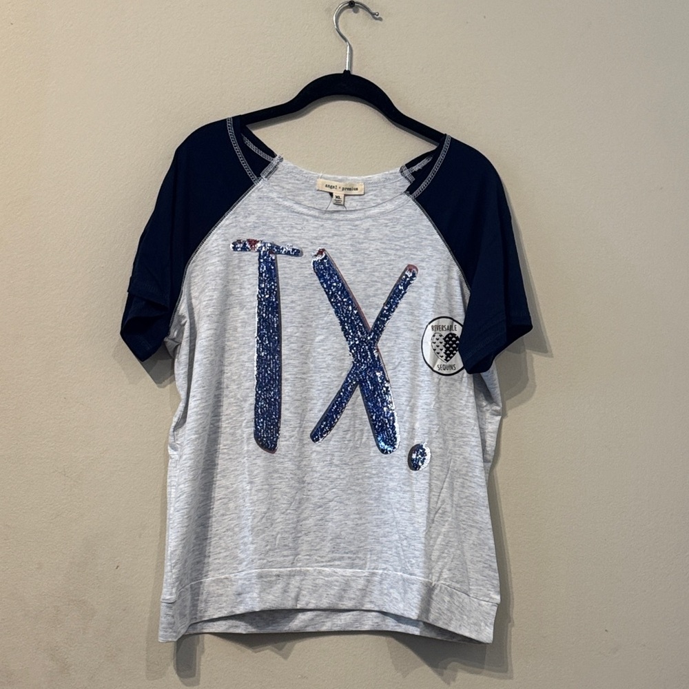 Angel + Premium Grey TX Texas Reversible Sequin Raglan T-Shirt size XL NEW NWT